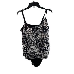 Maxine of Hollywood Tankini Swimsuit 24W Black White Palm Leaf Tiered Women
